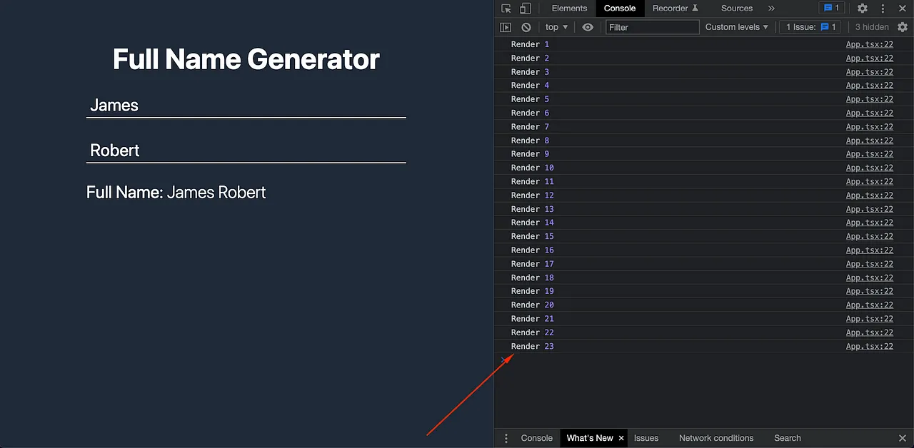 Print screen with the amount of re-renders in the first approach